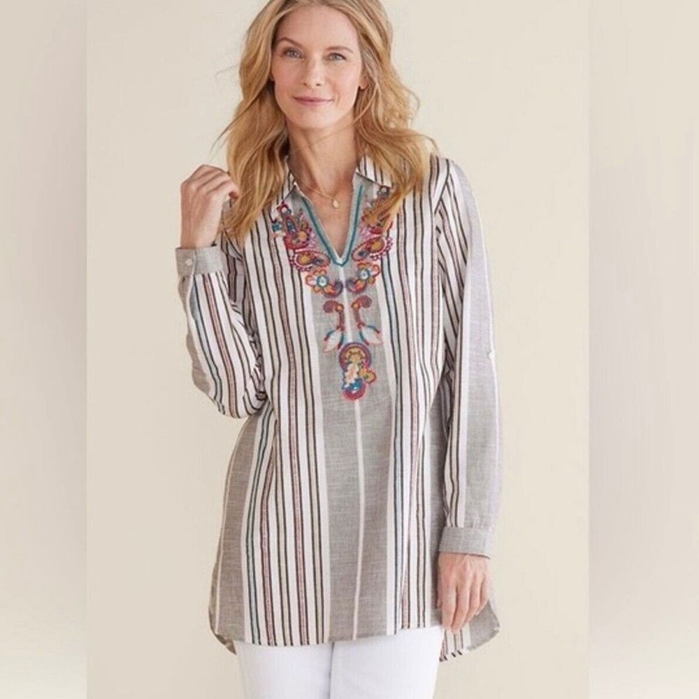 SOFT SURROUNDINGS Brookhaven Tunic Multi Embroidered Striped Petite Large PL Top